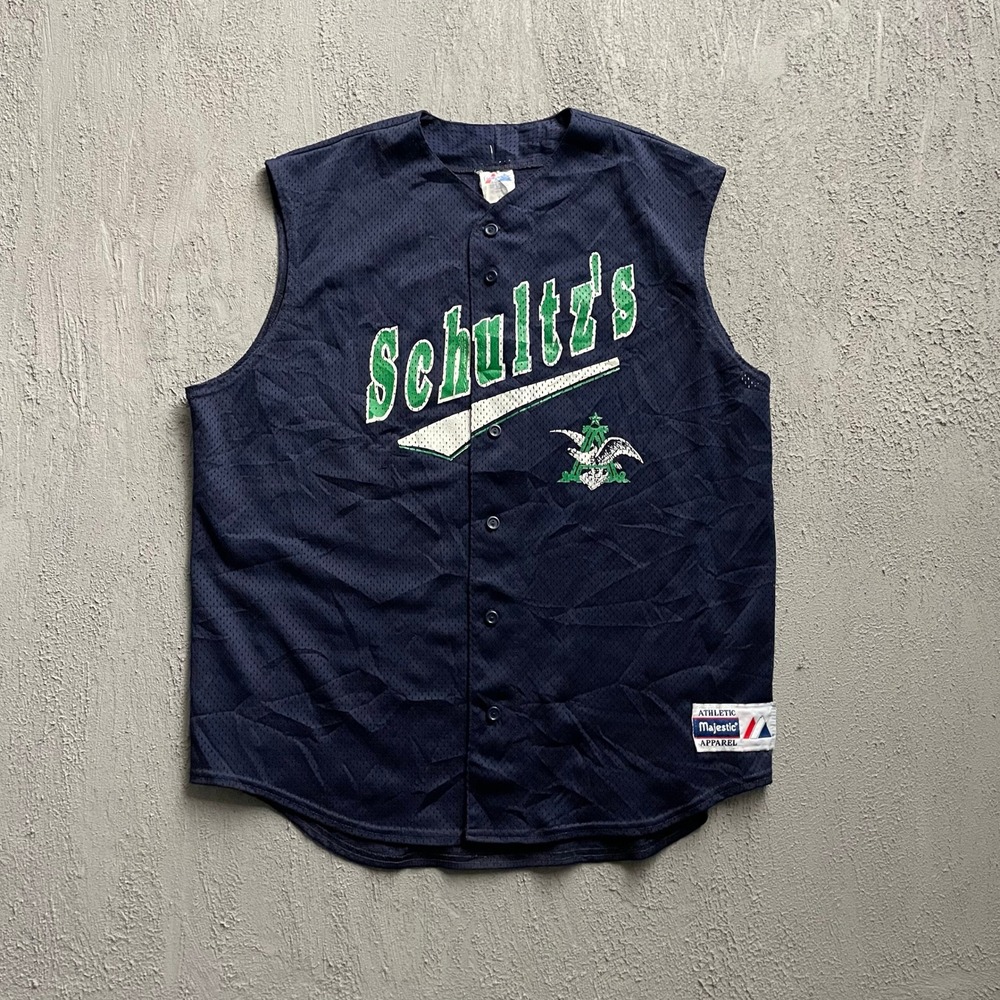 Vintage Schultz's Mesh Baseball Jersey Mens XL Navy Blue 90s Majestic